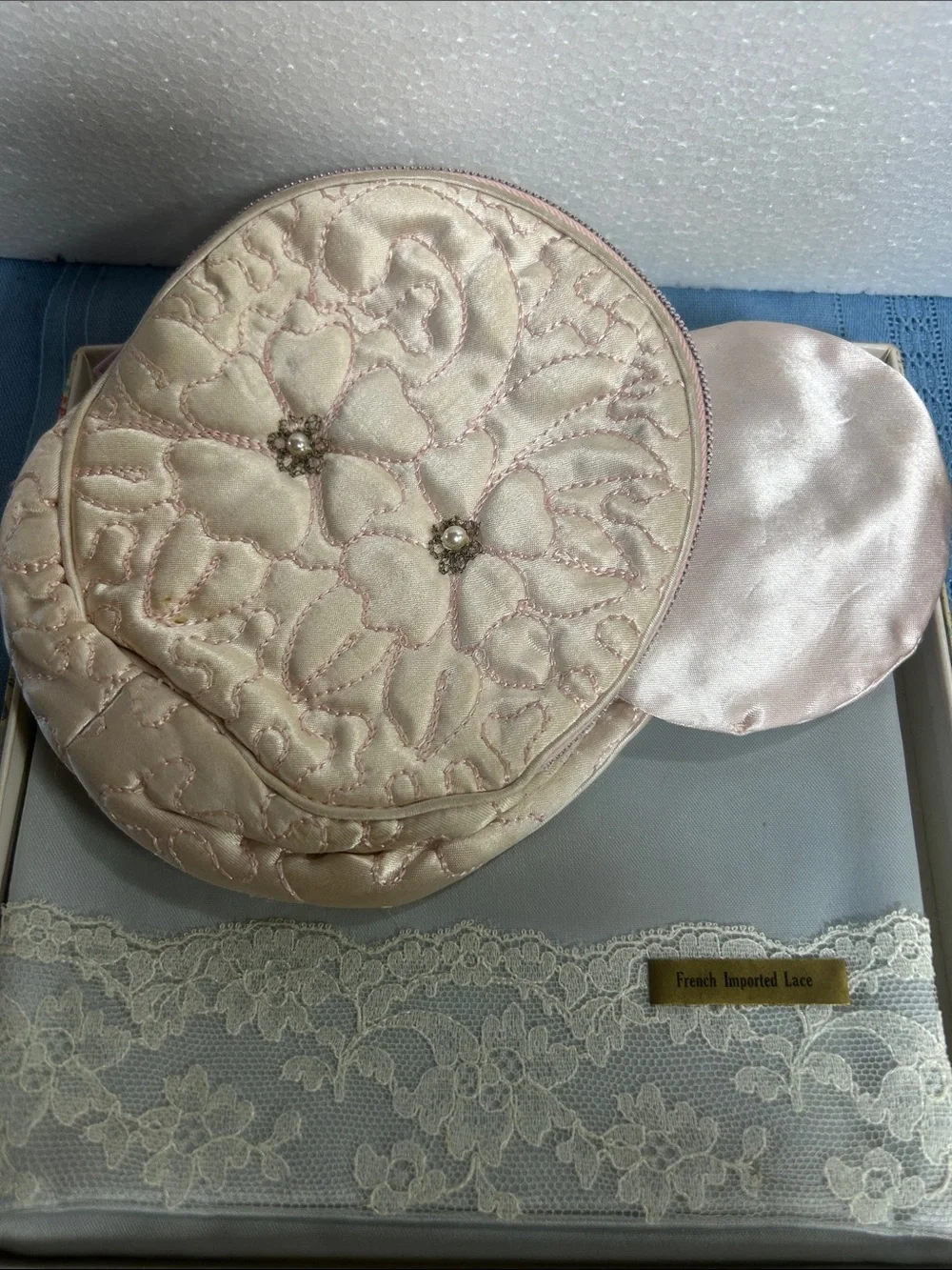 Round Quilted Satin Makeup Bag - Pale Pink with Powder Puff and Blue silky bag